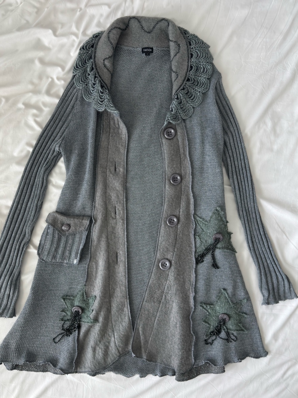 Whimsigoth Romantic Gray Knit Cardigan Sweater Large Beaded Ruffle Crochet Fall